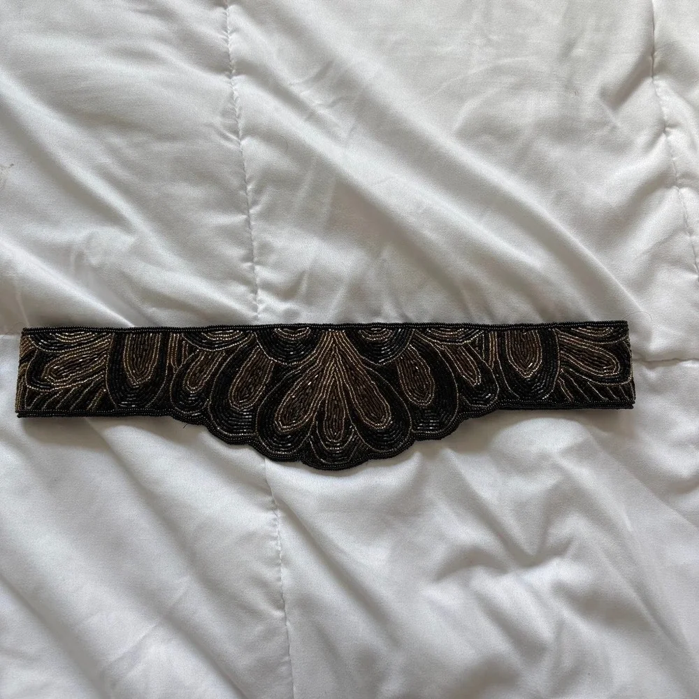 VTG Beaded Belt Black Gold Scalloped Statement Evening Accessory Luxury Art Deco